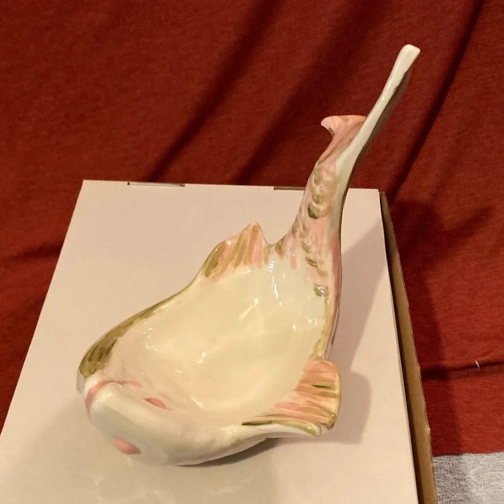 VTG 1950's MCM Pink/Green Glazed Ceramic Fish-Soap/Jewelry Dish-9” L-5.25